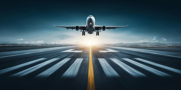Commercial aircraft flying over blurred runway, representing swift business journeys, vacation travel, logistics, and global connection