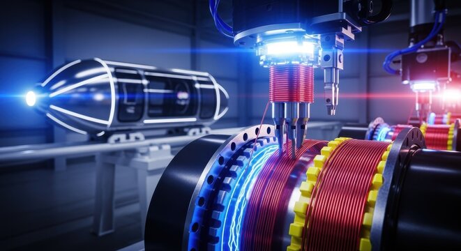 Vibrant precision winding of linear motor coils with automated tooling highlighting advanced technology fueling hyperloop transportation.