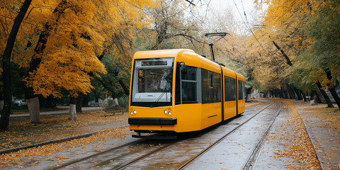 The scene of a yellow tram gliding along city rail tracks is surrounded by vibrant autumn leaves, suggesting an eco friendly mode of transportation