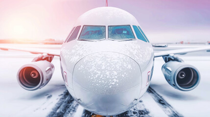 Passenger airplane on a snow covered airport runway. Cockpit windows and fuselage frosted, reflecting a cold winter morning