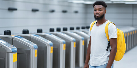 Young Black man with yellow backpack standing at modern subway station turnstiles. Public transit and urban journey
