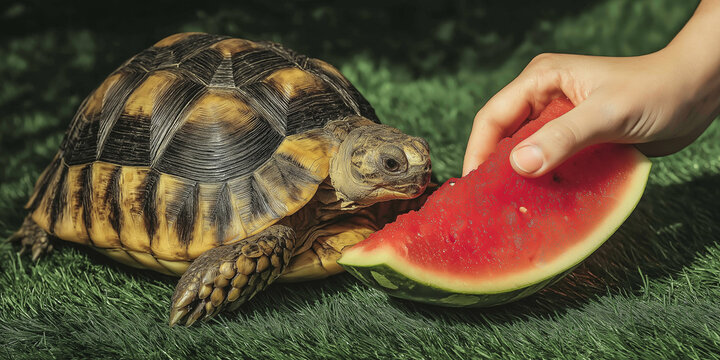 Hand feeding a ripe watermelon to a pet turtle on artificial grass, illustrating healthy diet for exotic animals