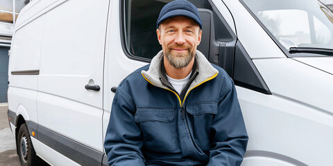 Smiling delivery driver wearing uniform, sitting by white delivery van, conveying reliability and excellent service