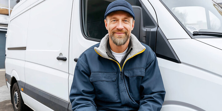 Smiling delivery driver wearing uniform, sitting by white delivery van, conveying reliability and excellent service