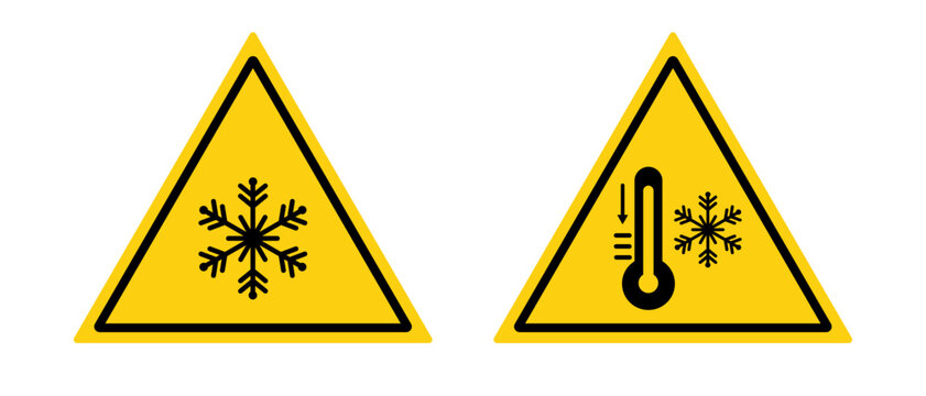 Cold hazard icon. Winter warning vector illustration. Ice and snowflake safety sign for slippery surfaces, freezing temperatures and weather precautions.