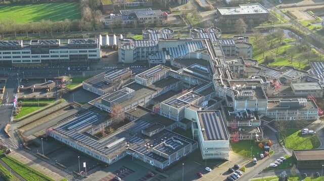 Aerial flyover of Antonius Ziekenhuis hospital in Sneek Friesland Netherlands
