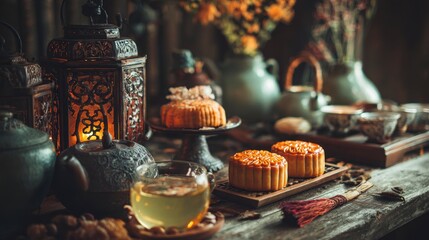 A traditional scene featuring a table laden with mooncakes, teacups, lanterns, and floral arrangements, evoking a sense of celebration