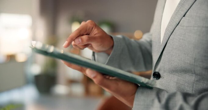 Tablet, typing and hands of business man in office for research, website and financial review. Professional, corporate and person on digital tech for internet, finance proposal and budget planning