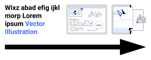 Data analytics, navigation, location tracking, presentation design, digital tools, business planning. A dashboard with charts and a directional arrow. Data analytics and navigation concept