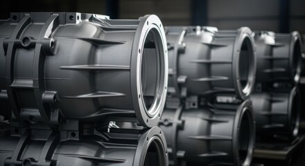 Magnesium gearbox housings stacked after cooling showcasing the smooth contours and fine surface finish from highpressure casting.