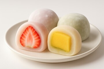 Delicious Japanese mochi desserts with strawberry and mango fillings on a white plate