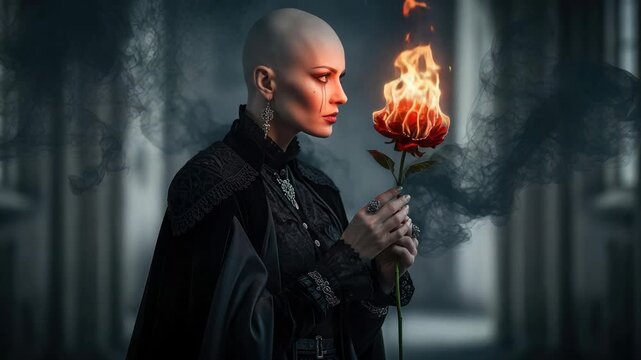Mysterious bald woman with a rose engulfed in flames and dark smoke a gothic aesthetic