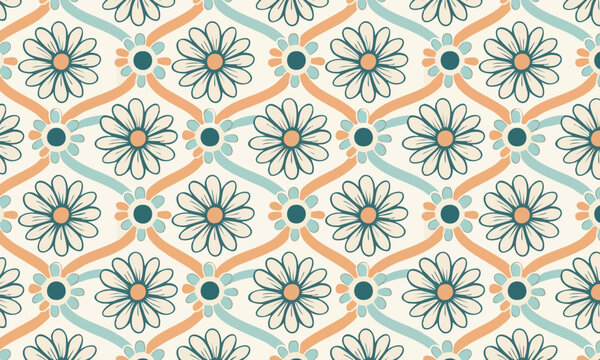 Seamless floral pattern vector, Retro white daisies with geometric teal and orange trellis vines on cream background, Vintage ogee textile design