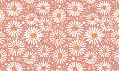 Seamless floral pattern vector, Retro white daisy flowers with hand drawn doodle swirls on dusty pink background, Vintage romantic textile design © Bayanakun
