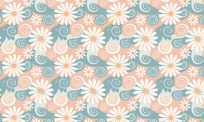Fototapeta premium Seamless floral pattern vector, Retro pastel daisy flowers with teal and peach swirls, Vintage boho textile design