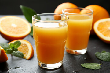 Fototapeta premium Fresh orange juice and fruits on black table, closeup