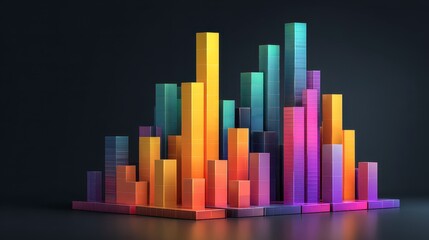 A vibrant, 3D rendered bar graph composed of colorful rectangular columns, symbolizing data and growth. It's set against a dark background