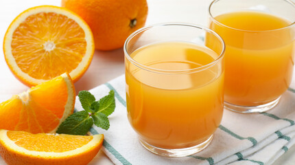 Fresh orange juice, mint and fruits on table, closeup