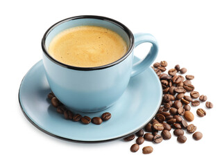 Fototapeta premium Aromatic coffee in cup and beans on white background