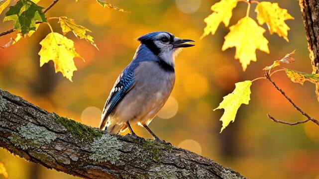 Blue jay perched on branch surrounded by autumn foliage with vibrant colors and natural lighting