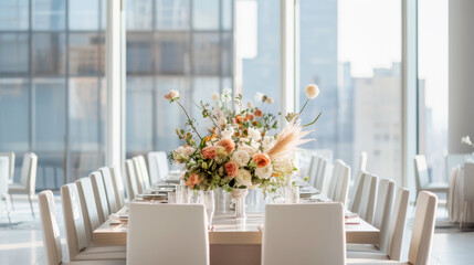 Modern minimalist wedding decor with floral accents in an urban venue at sunset
