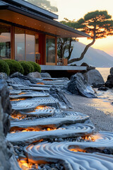Serene Zen garden with intricate patterns and a breathtaking sea view at sunset