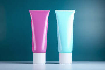 Hand cream tubes in light cyan and magenta colors on a table with softbox lighting
