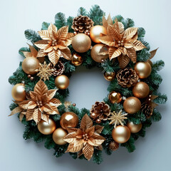 Elegant golden Christmas wreath adorned with festive decorations on a white background