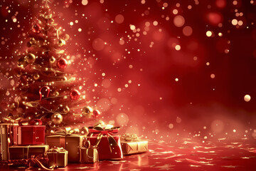 Elegant Red and Gold Christmas Tree with Gifts on Festive Red Background, Perfect Holiday Decoration