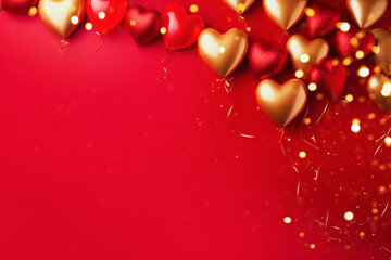 Golden and Red Heart Balloons on Red Background