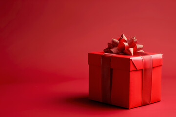 Elegant red gift box with bow displayed against a vibrant red background