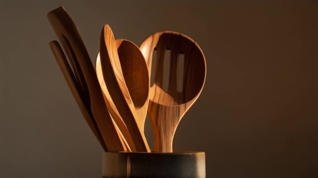 A collection of wooden kitchen utensils, including spoons and spatulas, standing upright in a holder, capturing their natural grain and polished finish
