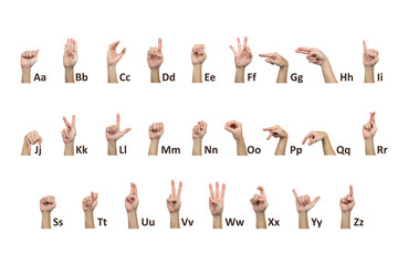 Complete American Sign Language (ASL) alphabet chart showing hand gestures for letters A to Z on a white background. Educational illustration for finger spelling, deaf communication, and learning