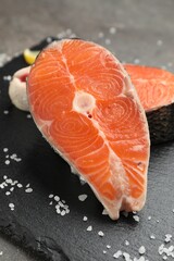 Pieces of salmon fillet with salt on table, closeup