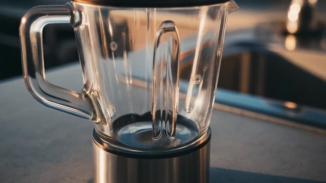 Close-up of an empty glass blender jar on a countertop, ready for ingredients, with natural light