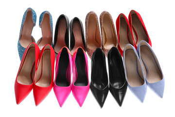 Pairs of different beautiful shoes isolated on white