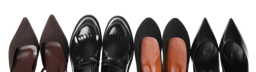 Pairs of different beautiful shoes isolated on white, top view