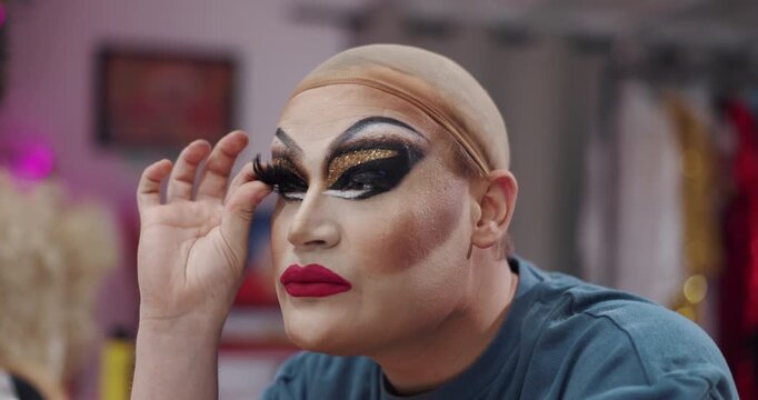 Eyelash, makeup and backstage with drag performer in studio for beauty, lgbt culture and cosmetics. Pride, extension application and identity with person in dressing room for makeover and artist