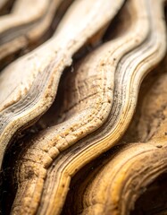 Close-up of natural material with intricate wavy layers and earthy tones, showcasing organic texture and weathered patterns.