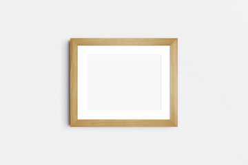 Horizontal frame mockup 5:4, 4:5 landscape. Single oak wood frame mockup. Clean, modern, minimalist, bright. Passepartout/mat opening in 4:3 aspect ratio.