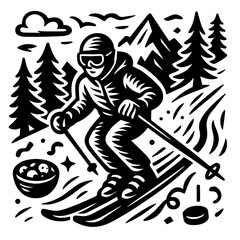 Woodcut Style Skier Illustration In Mountain Landscape