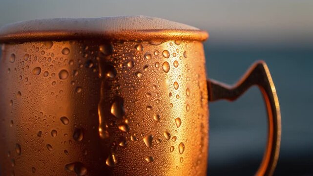Close-up of a cold, refreshing beverage in a classic copper mug, covered in condensation droplets, evoking a sense of cool refreshment and casual enjoyment
