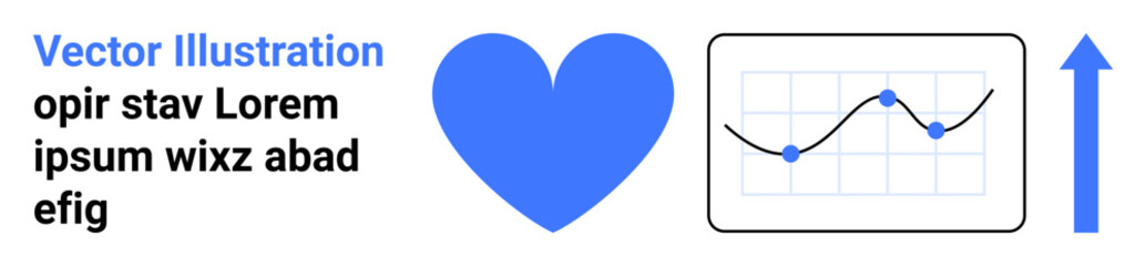 Business growth, data analytics, positive trends, performance tracking, market research, and success. Blue heart, line chart with dots and upward arrow. Data analytics and business growth concept