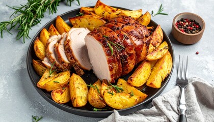 Ganzes, im Ofen ger&ouml;stetes Schweinelachsfilet mit goldbraunen Ofenkartoffelspalten