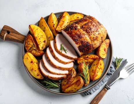 Ganzes, im Ofen ger&ouml;stetes Schweinelachsfilet mit goldbraunen Ofenkartoffelspalten