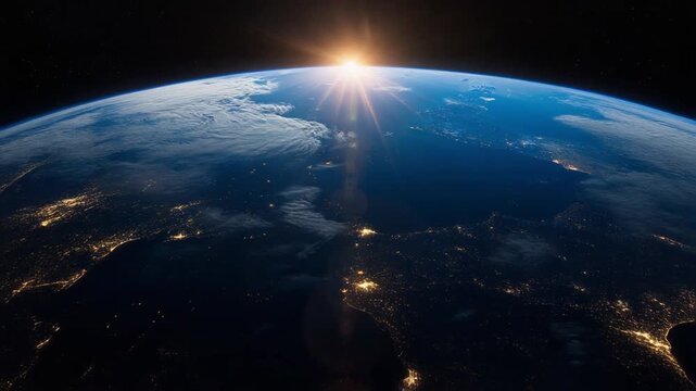 A breathtaking view of planet Earth from space as the sun rises, casting warm golden rays across the continents and illuminating cities below