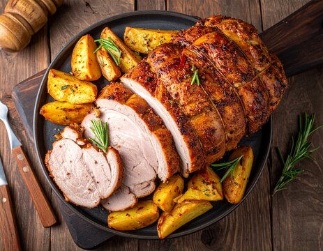 Ganzes, im Ofen ger&ouml;stetes Schweinelachsfilet mit goldbraunen Ofenkartoffelspalten