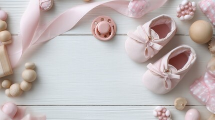 Flat lay of pink baby shoes, ribbon, pacifier and toys on white wooden background.