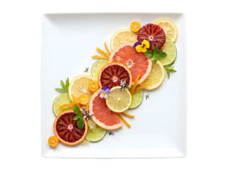 Vibrantly Arranged Citrus Fruit Platter Displaying a Colorful Medley of Fresh Ingredients