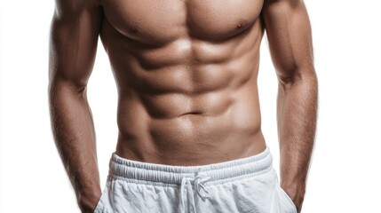 Fototapeta premium Slim man with six pack and white shorts on white background. shot of the model waist. Slim body with cellulite or healthy, fit, muscular, underwear, guy, attractive
